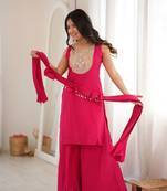 Hot pink mirror work roman silk kurta palazzo set