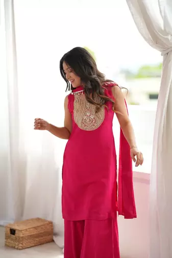 Hot pink mirror work roman silk kurta palazzo set