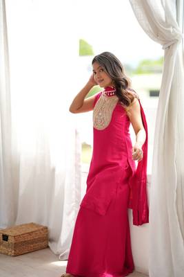 Hot pink mirror work roman silk kurta palazzo set 3