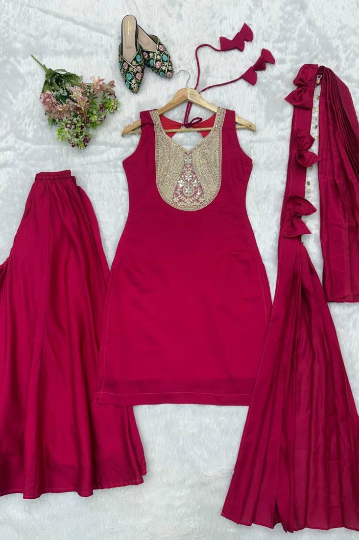 Hot pink mirror work roman silk kurta palazzo set