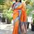 Orange paithani silk blend saree with contrast blue zari border