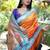Orange paithani silk blend saree with contrast blue zari border
