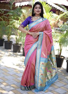 Onion pink paithani silk blend saree with contrast blue zari border 1