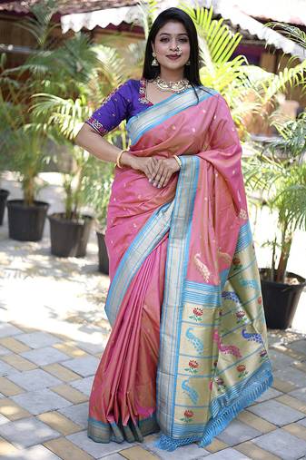 Onion pink paithani silk blend saree with contrast blue zari border