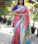 Onion pink paithani silk blend saree with contrast blue zari border