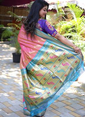 Onion pink paithani silk blend saree with contrast blue zari border 2