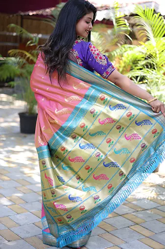 Onion pink paithani silk blend saree with contrast blue zari border