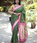 Mehendi green paithani silk blend saree with contrast magenta pink zari border
