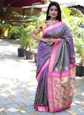 Lavender purple paithani silk blend saree with contrast pink zari border 1