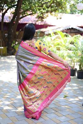 Lavender purple paithani silk blend saree with contrast pink zari border 2