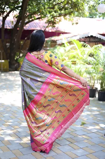 Lavender purple paithani silk blend saree with contrast pink zari border