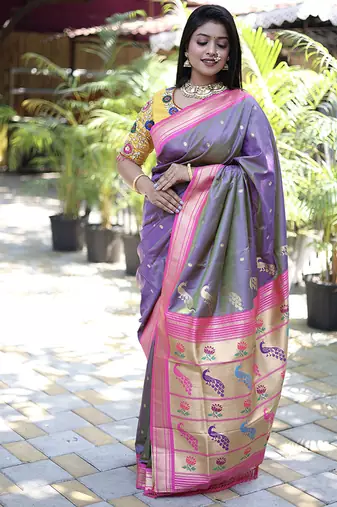 Lavender purple paithani silk blend saree with contrast pink zari border