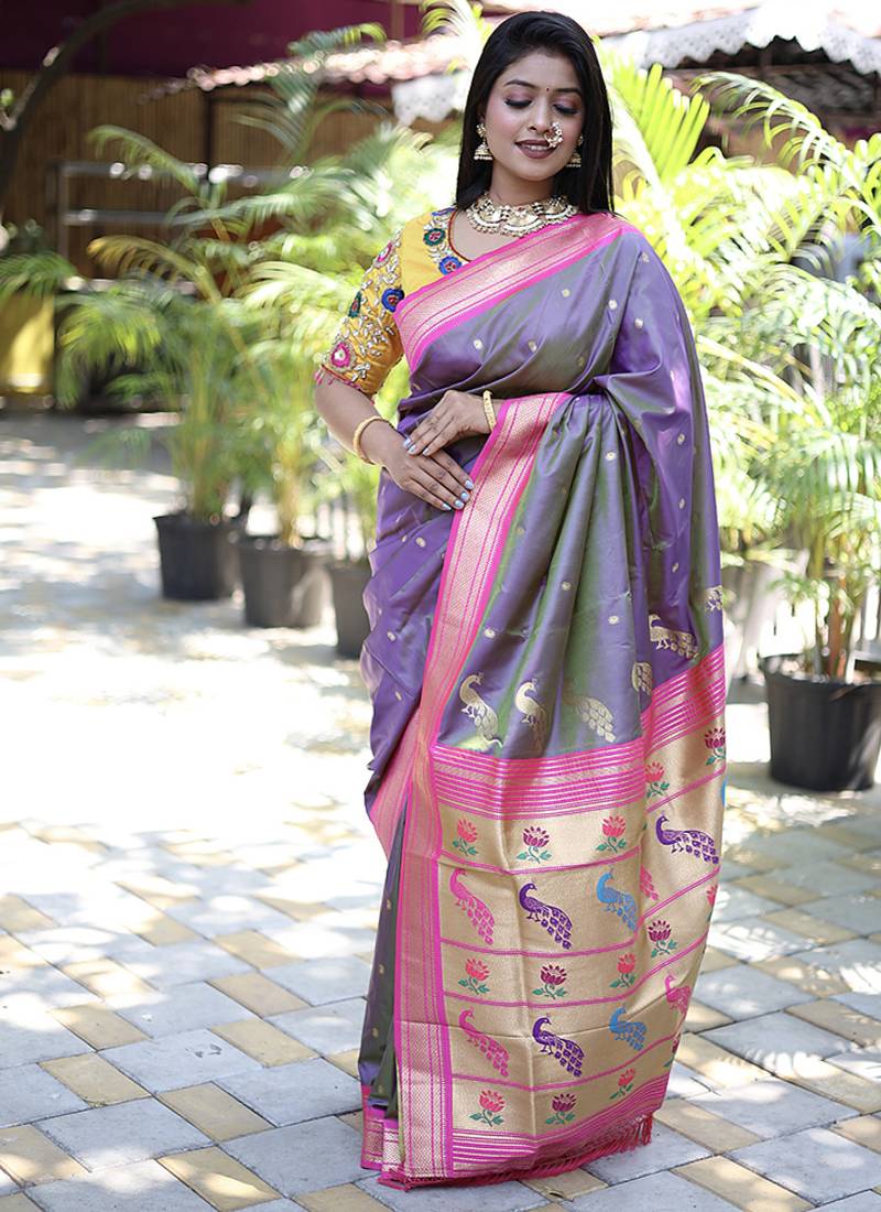 Lavender purple paithani silk blend saree with contrast pink zari border