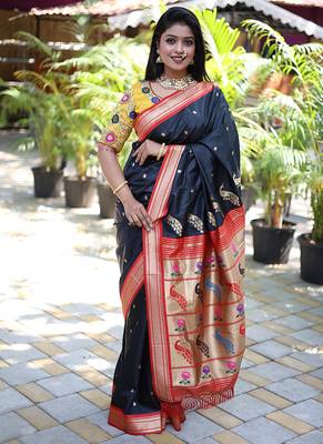 Black paithani silk blend saree with contrast red zari border 1