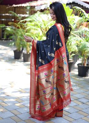 Black paithani silk blend saree with contrast red zari border 3