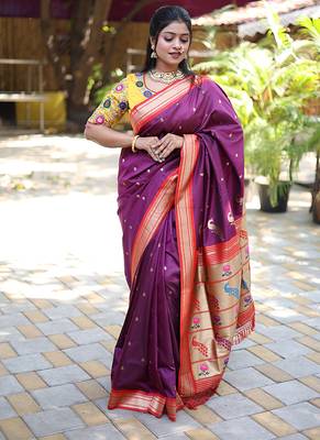 Purple paithani silk blend saree with contrast red zari border 1
