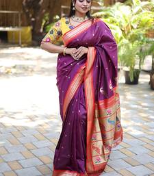 Purple paithani silk blend saree with contrast red zari border