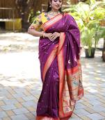 Purple paithani silk blend saree with contrast red zari border