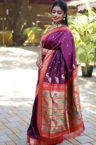 Purple paithani silk blend saree with contrast red zari border