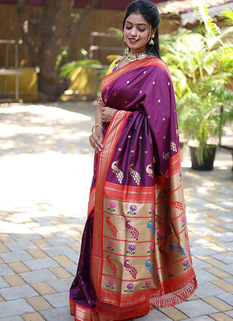 Purple paithani silk blend saree with contrast red zari border
