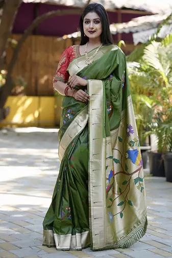 Dark green paithani silk blend saree with floral & peacock motifs