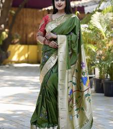 Dark green paithani silk blend saree with floral & peacock motifs