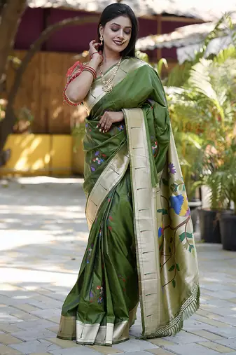 Dark green paithani silk blend saree with floral & peacock motifs