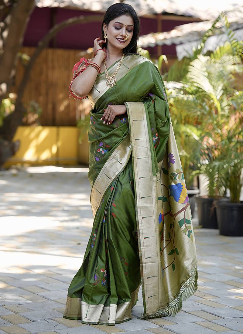 Dark green paithani silk blend saree with floral & peacock motifs