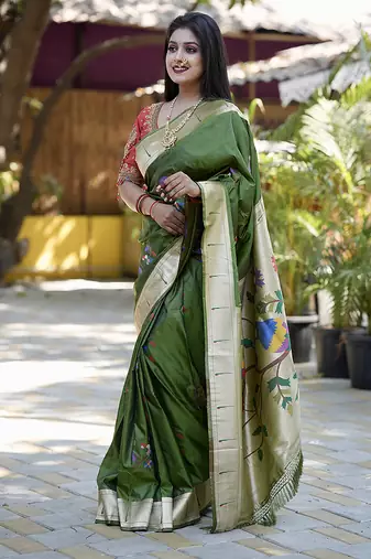 Dark green paithani silk blend saree with floral & peacock motifs
