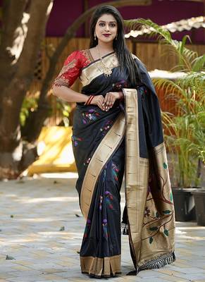 Black paithani silk blend saree with floral & peacock motifs 1