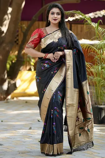 Black paithani silk blend saree with floral & peacock motifs