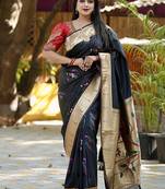 Black paithani silk blend saree with floral & peacock motifs