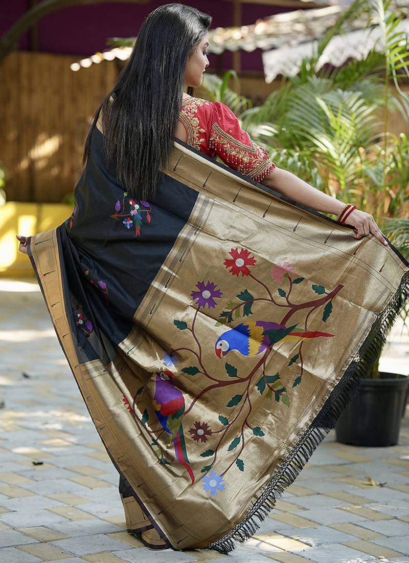 Black paithani silk blend saree with floral & peacock motifs