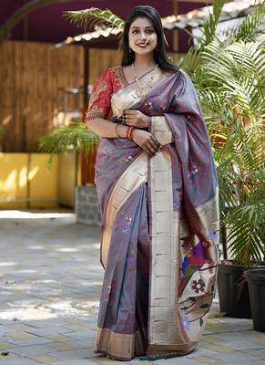 Lavender grey paithani silk blend saree with floral & peacock motifs 1