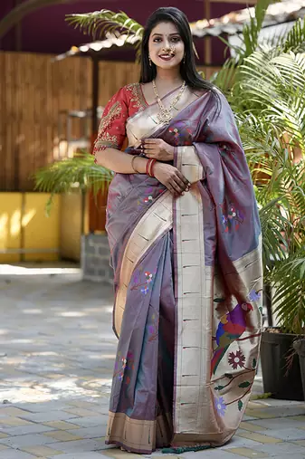 Lavender grey paithani silk blend saree with floral & peacock motifs