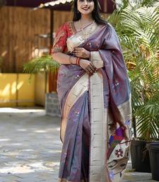 Lavender grey paithani silk blend saree with floral & peacock motifs