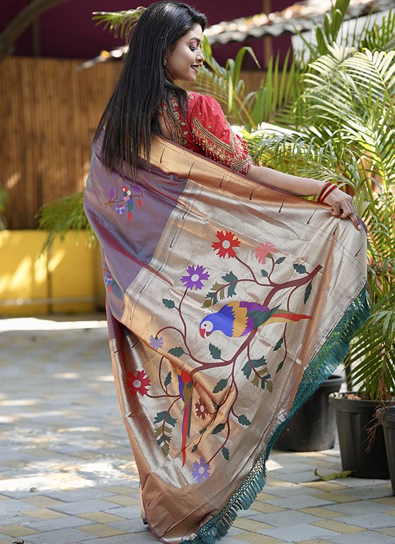 Lavender grey paithani silk blend saree with floral & peacock motifs