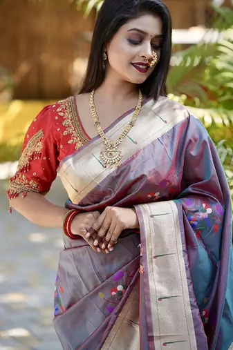 Lavender grey paithani silk blend saree with floral & peacock motifs