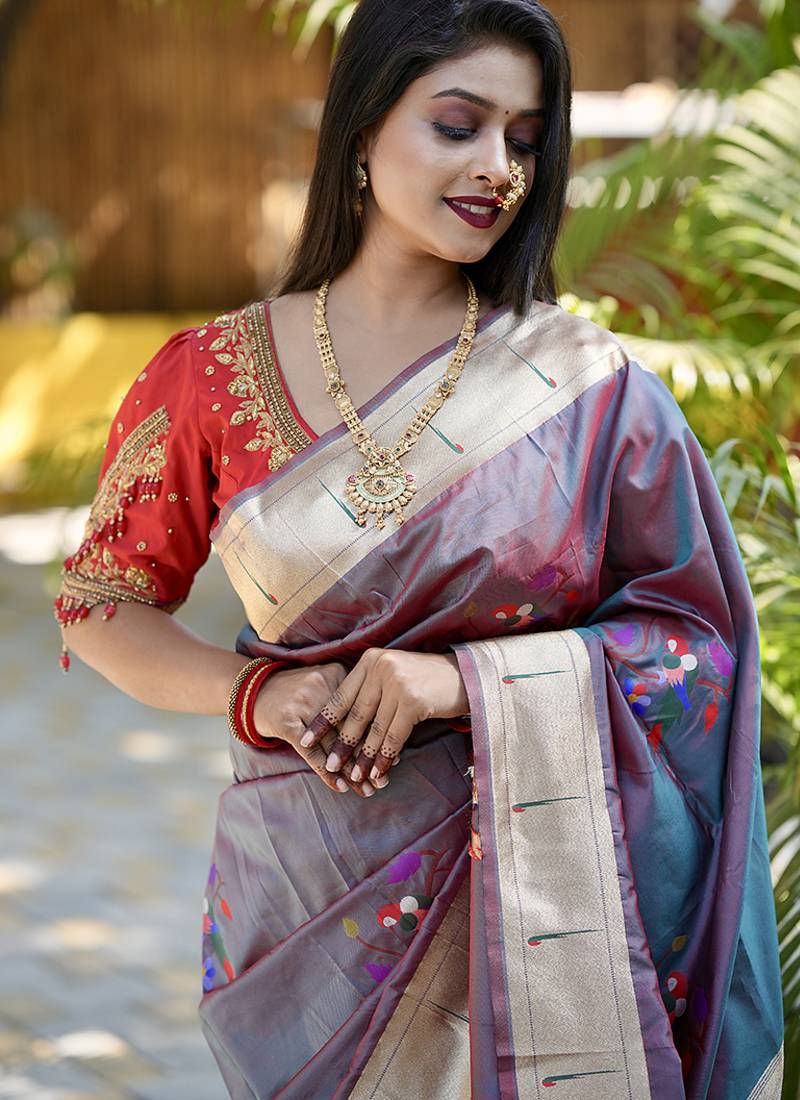 Lavender grey paithani silk blend saree with floral & peacock motifs