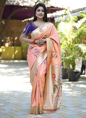 Peach paithani silk blend saree with floral & peacock motifs 1