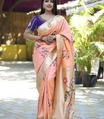 Peach paithani silk blend saree with floral & peacock motifs
