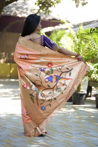 Peach paithani silk blend saree with floral & peacock motifs
