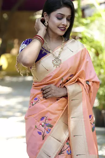 Peach paithani silk blend saree with floral & peacock motifs