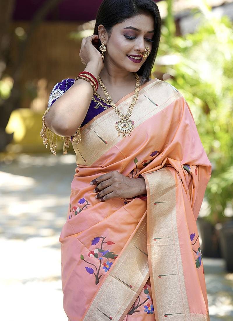 Peach paithani silk blend saree with floral & peacock motifs