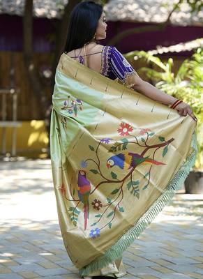 Mint green paithani silk blend saree with floral & peacock motifs 2