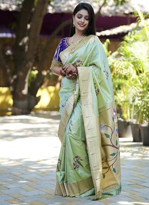 Mint green paithani silk blend saree with floral & peacock motifs 3