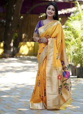 Mustard paithani silk blend saree with floral & peacock motifs 3
