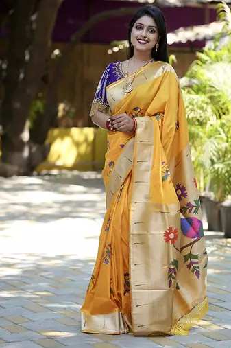 Mustard paithani silk blend saree with floral & peacock motifs