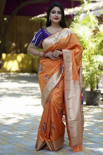 Orange paithani silk blend saree with floral & peacock motifs