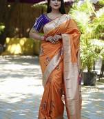 Orange paithani silk blend saree with floral & peacock motifs